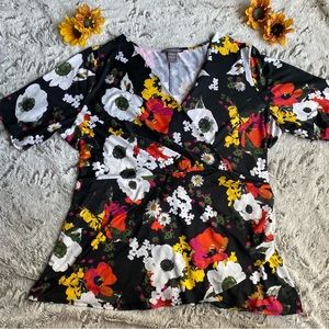 Kate & Mallory Black Floral Print Faux Wrap Top Size 1X Part of Two Piece Set